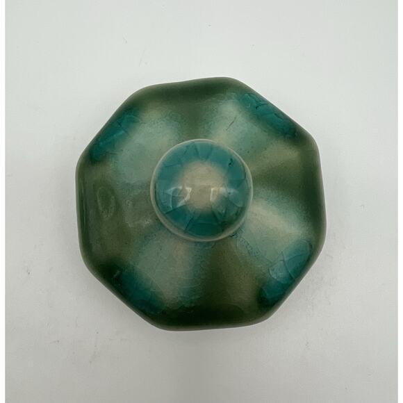 Anthropologie Celadon Drip Glaze Lidded Octagon Shaped Sugar Bowl Jar w Handles - Picture 8 of 9